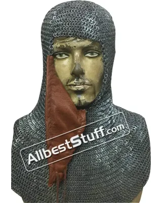 Flat Riveted alternating Solid Chain Mail Hood with Side ventail Coif